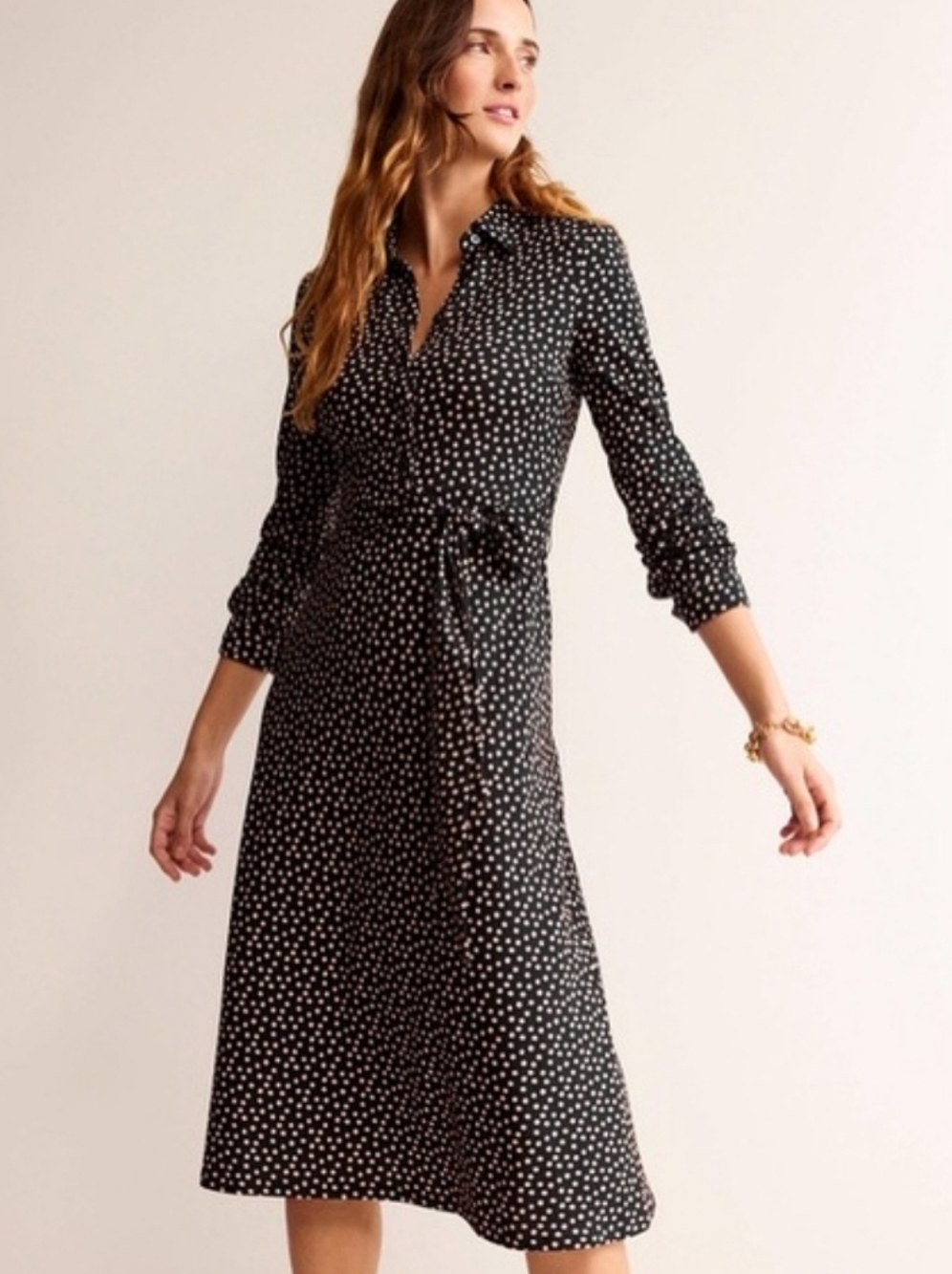 Boden Black Polka Dot Shirt Dress with Pink Dots